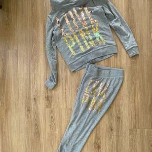 SOLD **** VS PINK Ombré “gold” sequin sweatsuit size Small